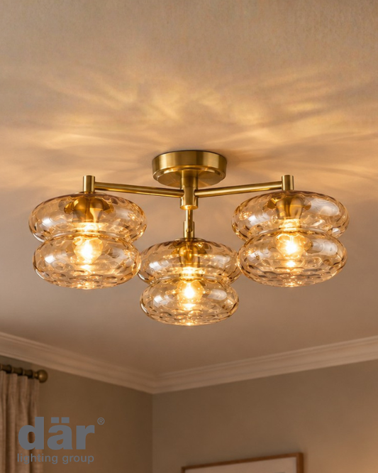 Dar Lighting Alcella 3 Light Natural Brass & Amber Dimple Glass Flush