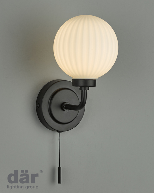 Dar Lighting Alrik Bathroom IP44 Matt Black & Opal Glass Wall Light
