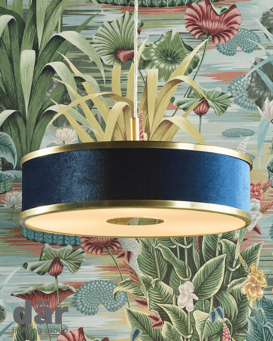 Dar Lighting Alvaro 3 Light Brushed Brass Pendant With Blue Shade