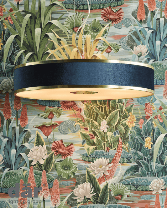 Dar Lighting Alvaro 6 Light Brushed Brass Pendant With Blue Shade