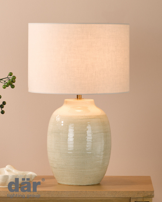 Dar Lighting Amsara Green Ceramic & Antique Brass Table Lamp With Linen Shade