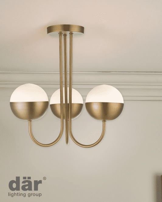 Dar Lighting Andre 3 Light Aged Brass & Opal Glass Semi Flush