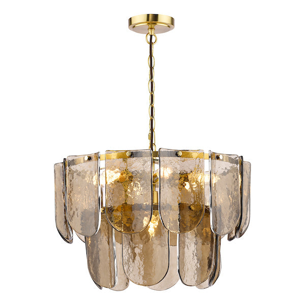 Dar Lighting Anielle 7 Light Natural Brass & Tea Smoked Glass Chandelier