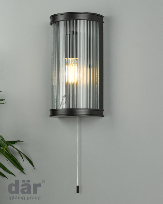 Dar Lighting Anund Bathroom IP44 Matt Black & Ribbed Glass Wall Light