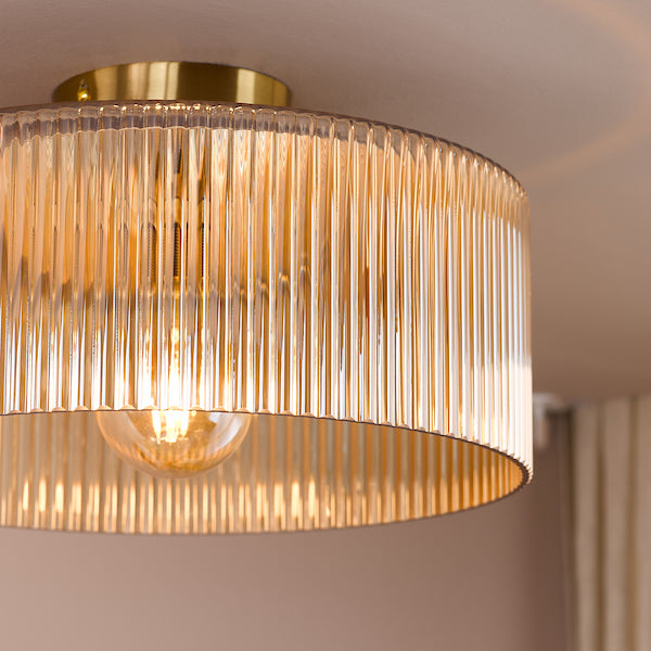 Dar Lighting Arlo Antique Bronze & Champagne Ribbed Glass Flush