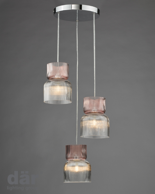 Dar Lighting Auberta 3 Light Polished Chrome & Pink Ribbed Glass Cluster Pendant