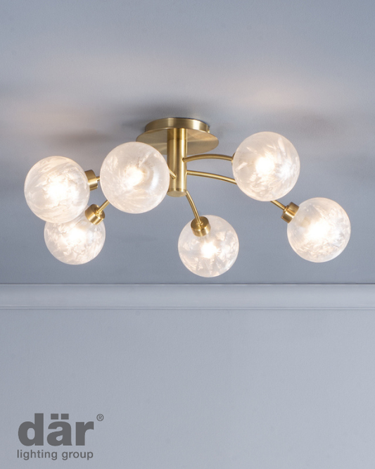 Dar Lighting Avari 6 Light Satin Brass & Clear Frosted Glass Semi Flush