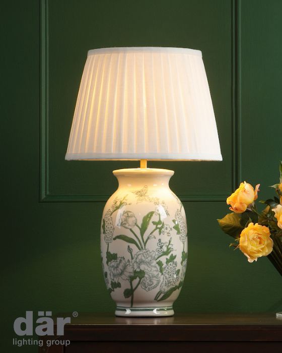 Dar Lighting Aviara Green Ceramic & Antique Brass Table Lamp With Ivory Pleated Shade