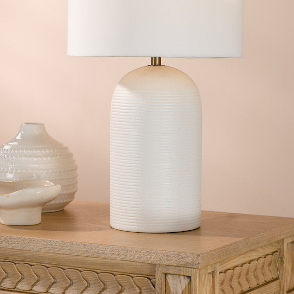 Dar Lighting Bayonne White Ceramic & Antique Brass Table Lamp With Linen Drum Shade