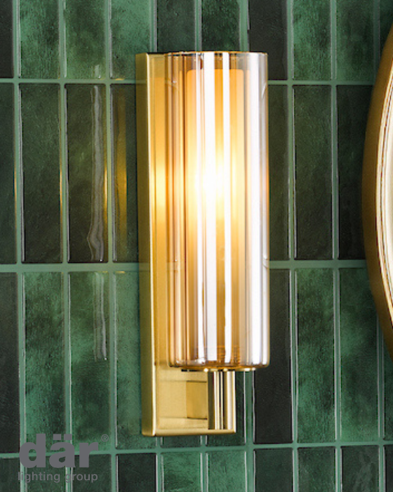 Dar Lighting Bevin Bathroom IP44 Natural Brass & Amber Ribbed Glass Wall Light