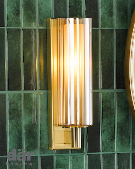 Dar Lighting Bevin Bathroom IP44 Natural Brass & Amber Ribbed Glass Wall Light