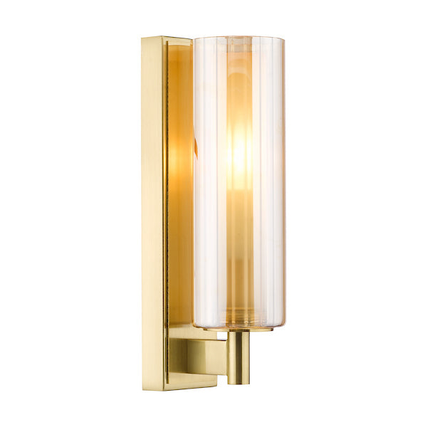 Dar Lighting Bevin Bathroom IP44 Natural Brass & Amber Ribbed Glass Wall Light