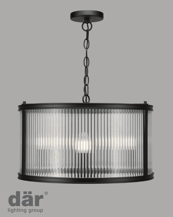 Dar Lighting Bianka 3 Light Matt Black & Ribbed Glass Pendant