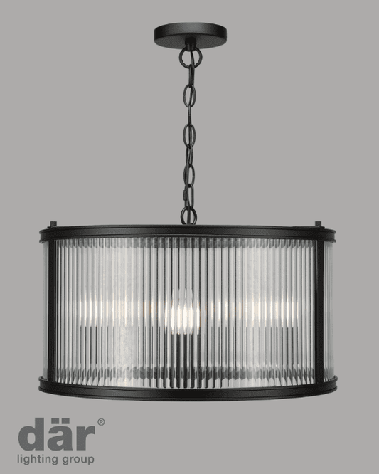 Dar Lighting Bianka 3 Light Matt Black & Ribbed Glass Pendant