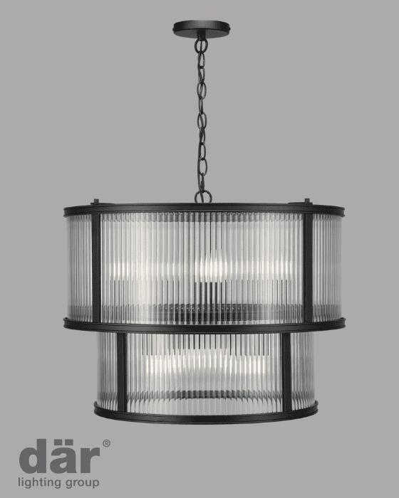 Dar Lighting Bianka 6 Light Matt Black & Ribbed Glass Pendant