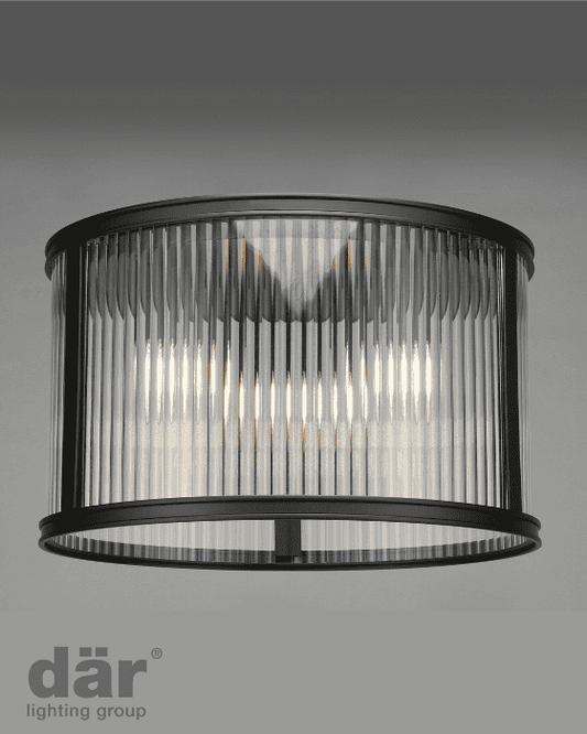 Dar Lighting Bianka 3 Light Matt Black & Ribbed Glass Flush