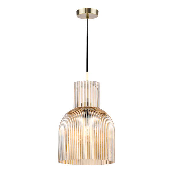 Dar Lighting Bixby Amber Ribbed Glass & Brushed Bronze Pendant