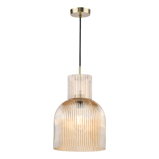 Dar Lighting Bixby Amber Ribbed Glass & Brushed Bronze Pendant