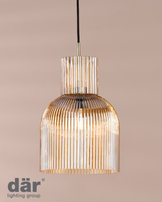 Dar Lighting Bixby Amber Ribbed Glass & Brushed Bronze Pendant