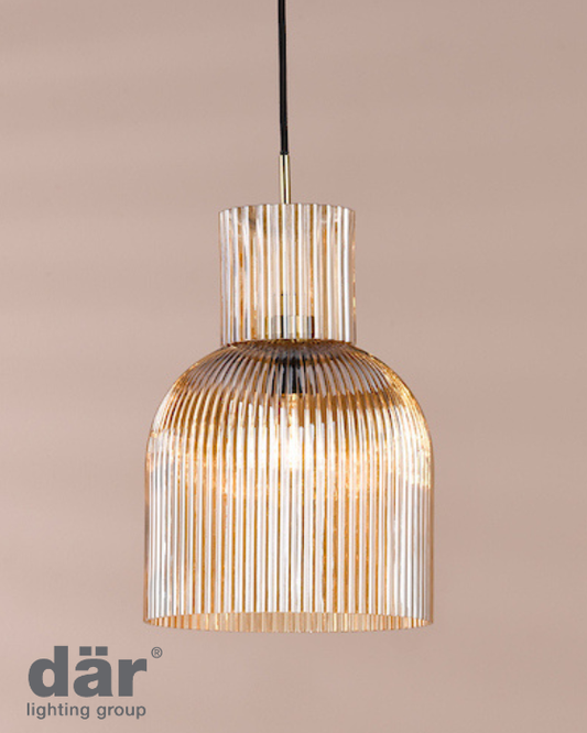 Dar Lighting Bixby Amber Ribbed Glass & Brushed Bronze Pendant