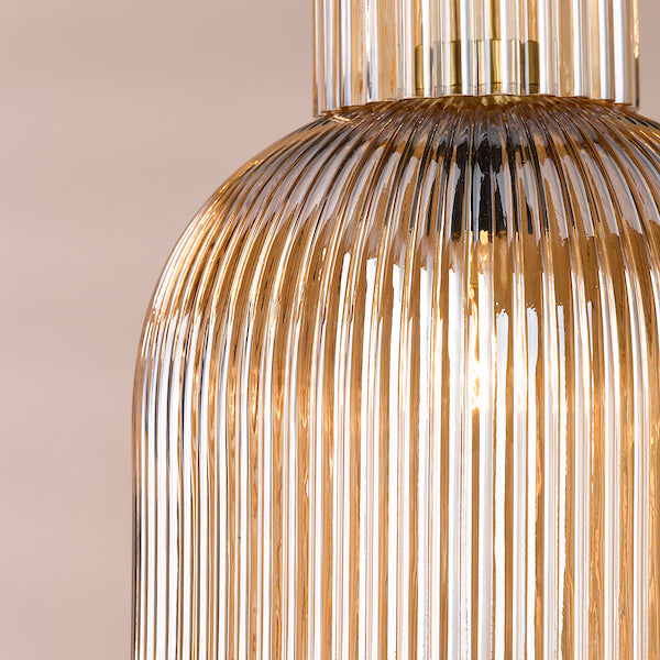 Dar Lighting Bixby Amber Ribbed Glass & Brushed Bronze Pendant