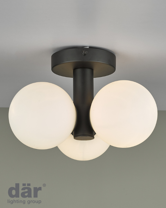 Dar Lighting Blake Bathroom IP44 3 Light Matt Black & Opal Glass Semi Flush