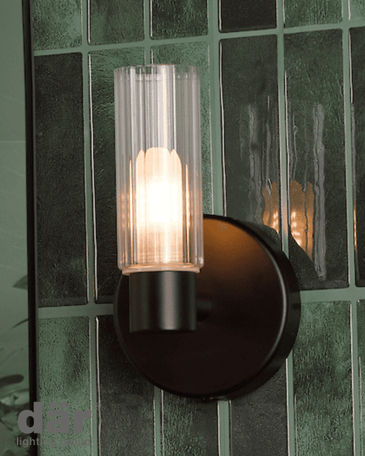 Dar Lighting Bolton Bathroom IP44 Matt Black & Ribbed Glass Wall Light