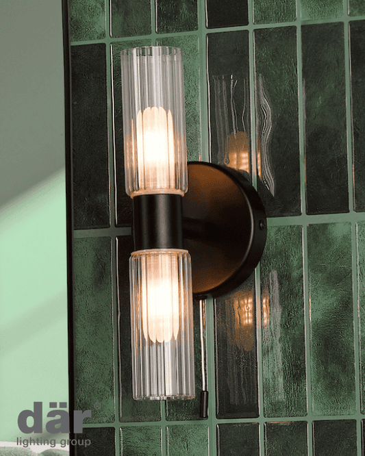 Dar Lighting Bolton 2 Light Bathroom IP44 Matt Black & Ribbed Glass Wall Light