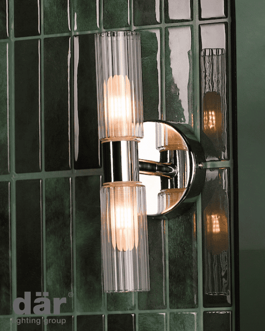 Dar Lighting Bolton 2 Light Bathroom IP44 Polished Chrome & Ribbed Glass Wall Light