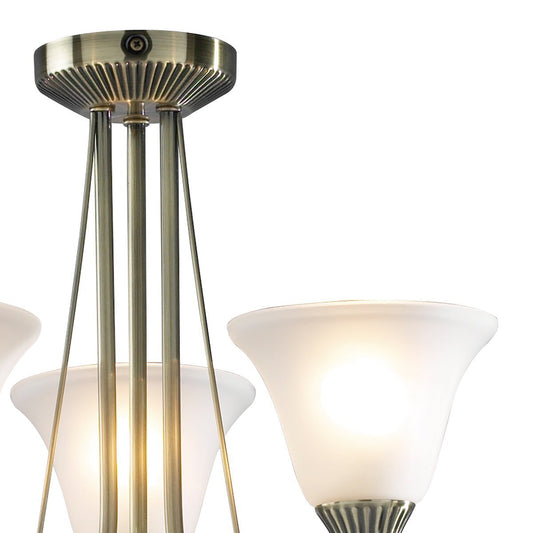 Dar Lighting Boston 3 Light Antique Brass & Opal Glass Semi Flush