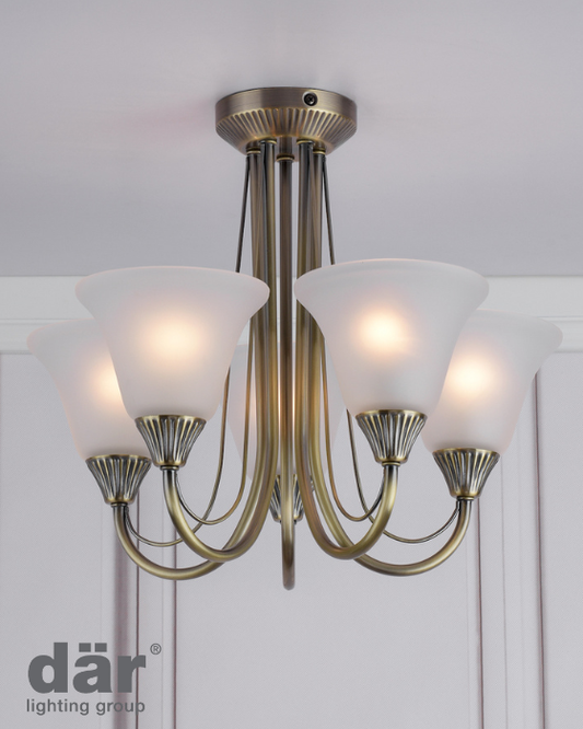 Dar Lighting Boston 5 Light Antique Brass & Opal Glass Semi Flush