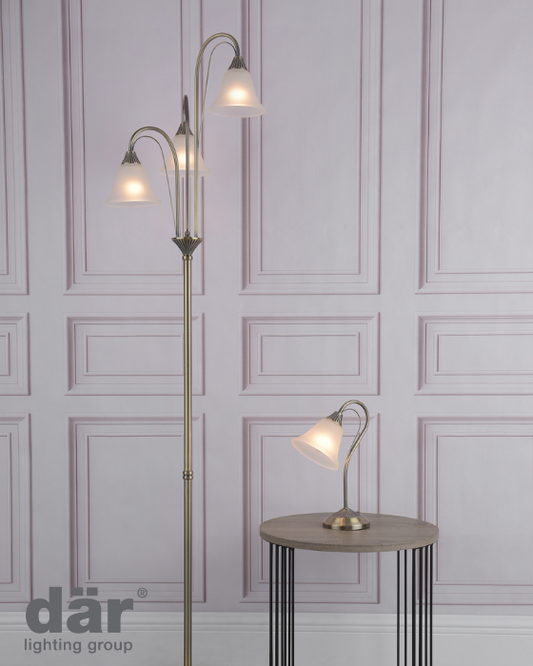 Dar Lighting Boston 3 Light Antique Brass & Opal Glass Floor Lamp