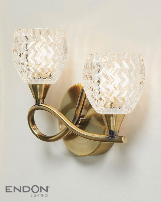 Endon Boyer 2 Light Cut Glass & Antique Brass Left Wall Light