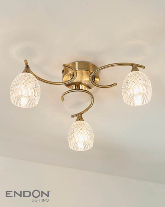 Endon Boyer 3 Light Cut Glass & Antique Brass Semi Flush