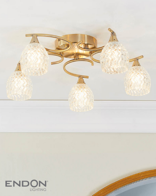 Endon Boyer 5 Light Antique Brass & Cut Glass Semi Flush
