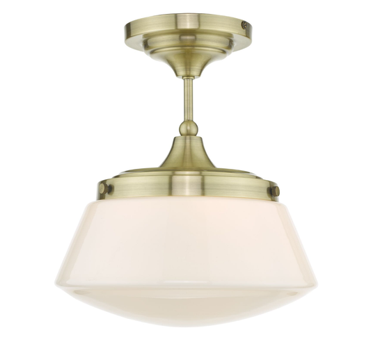 Dar Lighting Caden Bathroom IP44 Antique Brass & Opal Glass Semi Flush