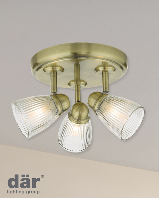 Dar Lighting Cedric Bathroom IP44 3 Light Antique Brass & Glass Spotlight