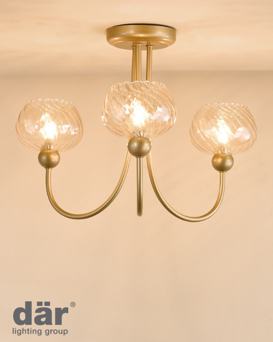 Dar Lighting Cognac 3 Light Satin Gold & Champagne Ribbed Glass Semi Flush