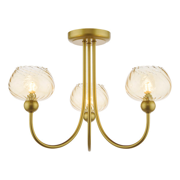 Dar Lighting Cognac 3 Light Satin Gold & Champagne Ribbed Glass Semi Flush