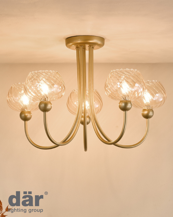 Dar Lighting Cognac 5 Light Satin Gold & Champagne Ribbed Glass Semi Flush