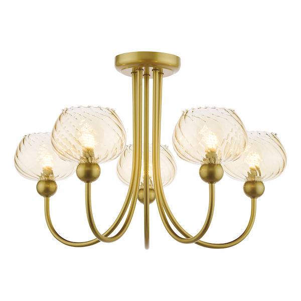 Dar Lighting Cognac 5 Light Satin Gold & Champagne Ribbed Glass Semi Flush