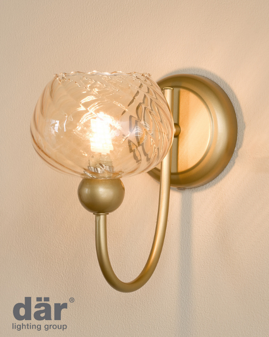 Dar Lighting Cognac Satin Gold & Champagne Ribbed Glass Wall Light