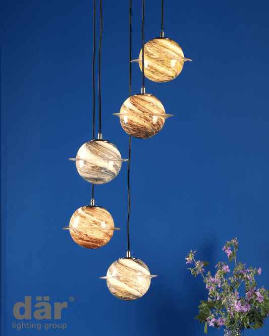 Dar Lighting Cygnus 5 Light Polished Chrome & Planet Style Glass Cluster Pendant