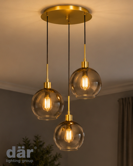 Dar Lighting Lycia 3 Light Satin Gold & Gold Ombre Glass Cluster Pendant