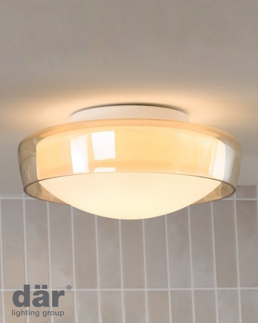 Dar Lighting Dagon IP44 Bathroom 3 Light Amber & Opal Glass Flush