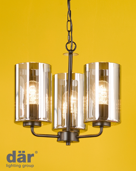 Dar Lighting Daylin 3 Light Satin Black & Smoked Ribbed Glass Pendant