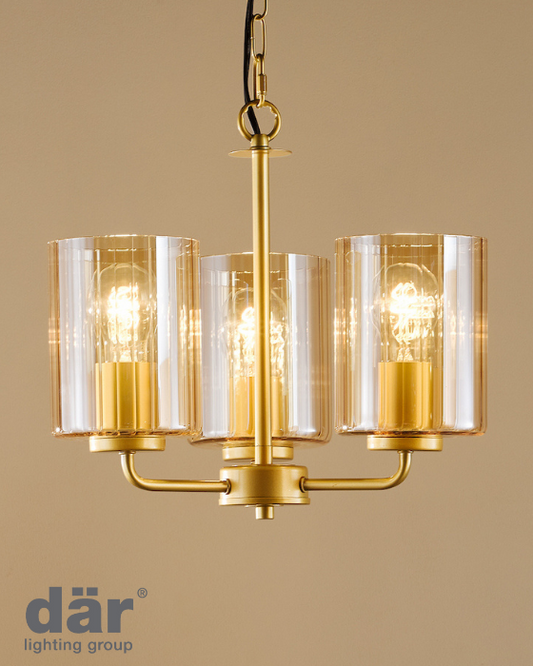 Dar Lighting Daylin 3 Light Satin Gold & Amber Ribbed Glass Pendant