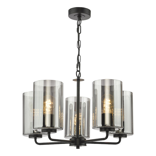 Dar Lighting Daylin 5 Light Satin Black & Smoked Ribbed Glass Pendant