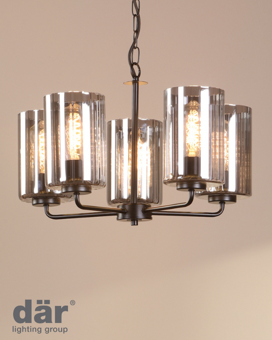 Dar Lighting Daylin 5 Light Satin Black & Smoked Ribbed Glass Pendant