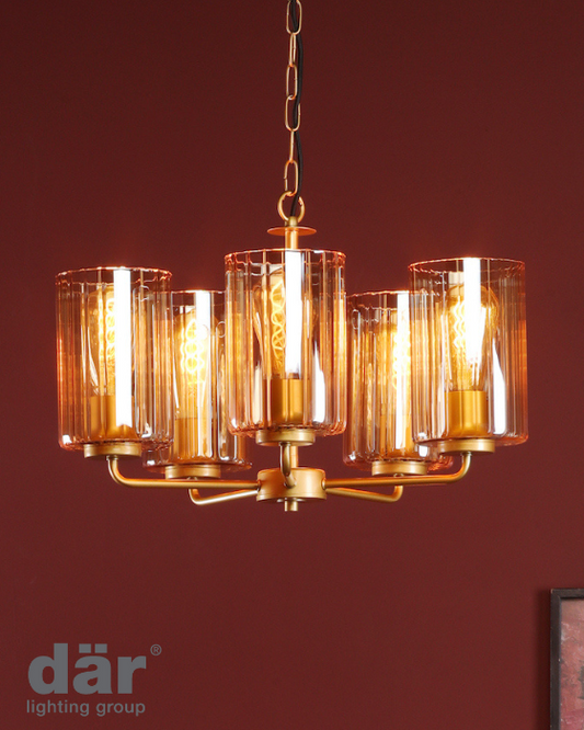 Dar Lighting Daylin 5 Light Satin Gold & Amber Ribbed Glass Pendant